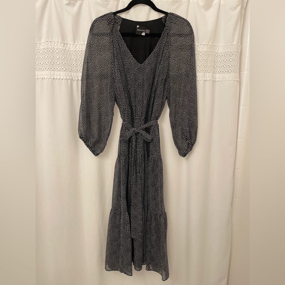 Maison Tara Black & White Long Sleeves Tie Waist Midi Women's Dress (Size 12)